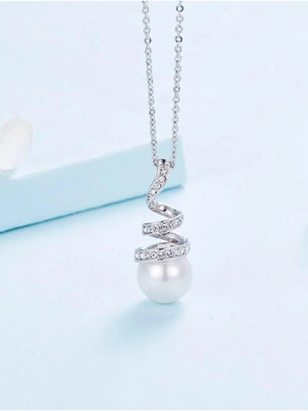Sterling Silver Pearl Pendant Necklace with Crystal Spiral